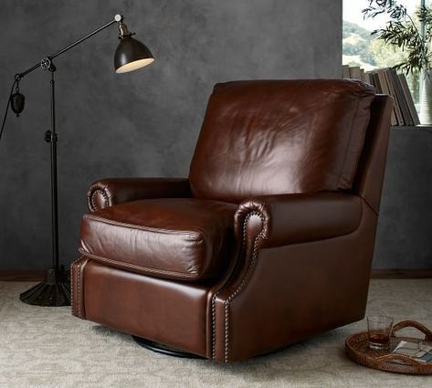 swivel recliner | Pottery Barn Brown Armchair, Cabin Living Room, Leather Swivel Chair, Chair Collection, Sofa Chairs, Swivel Recliner, Walkout Basement, Casa Container, House Makeover