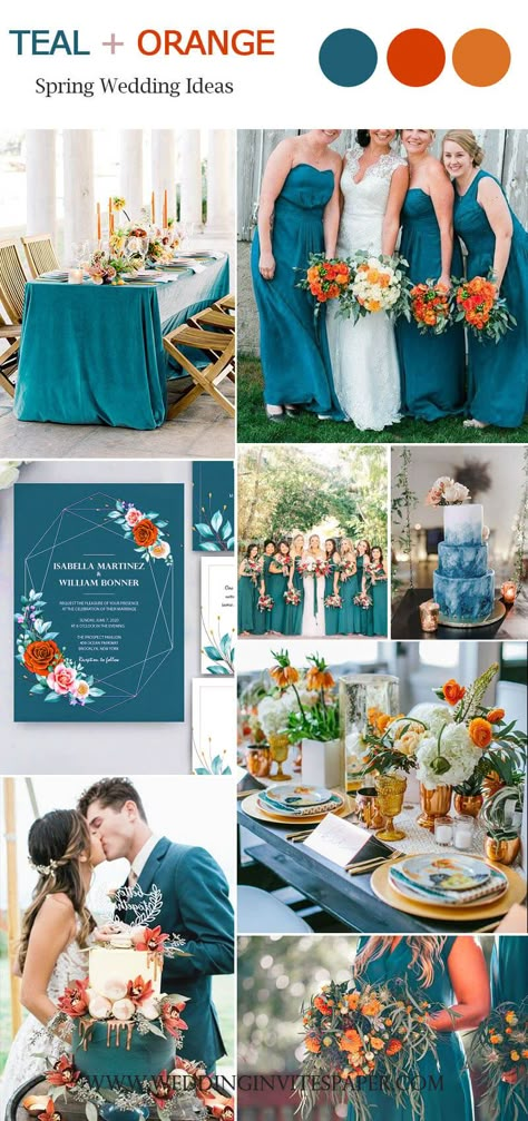 Spring Wedding Color Ideas, Teal Orange Weddings, Blue Orange Weddings, Teal Blue Weddings, Teal Wedding Colors, Orange Wedding Themes, Wedding Color Palette Summer, Orange Wedding Colors, Rusting Wedding