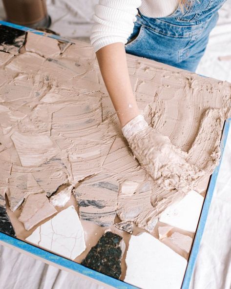 Before & After: Smashed Marble Terrazzo Table! | Collective Gen Diy Marble Table, Terrazzo Table Top, Terrazzo Furniture, Diy Terrazzo, Terrazzo Table, Diy Table Top, Stone Table Top, Mosaic Table Top, Tile Table