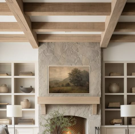 Melissa Welsh on Instagram: "I would love to cozy up in this beautiful California Casual style living room! The light neutral color palette, gorgeous stone fireplace, and stunning ceiling beams are right out of my "dream home" playbook. Using AI has been a fun way to create inspiration rooms like this one, and bring my designs to life. What do you think? AI-assisted design by: @welshdesignstudio #californiacasual #modernfarmhouse #californiacasualstyle #homedecorating #interiordesign #aidesign #homestyle #homedecor #ceilingbeams #fireplaceideas #livingroom #livingroomdecor #livingroom #livingroominspo #homerenovation #interiordesign #styleathome #dreamhouse #interiorstyle #interiordesigntrends #houselove #neutraldecor #lightandbright #makehomeyours #homesweethome #interiorstyling #livi Living Room With Stone Fireplace Decor, Julie Ireland Interiors, Stone And Millwork Fireplace, Light Neutral Interior Design, Cali Casual Living Room, Stone Fireplace And Built Ins, Living Rooms With Beams, Floor To Ceiling Stone Fireplace, Neutral Cottage Living Room