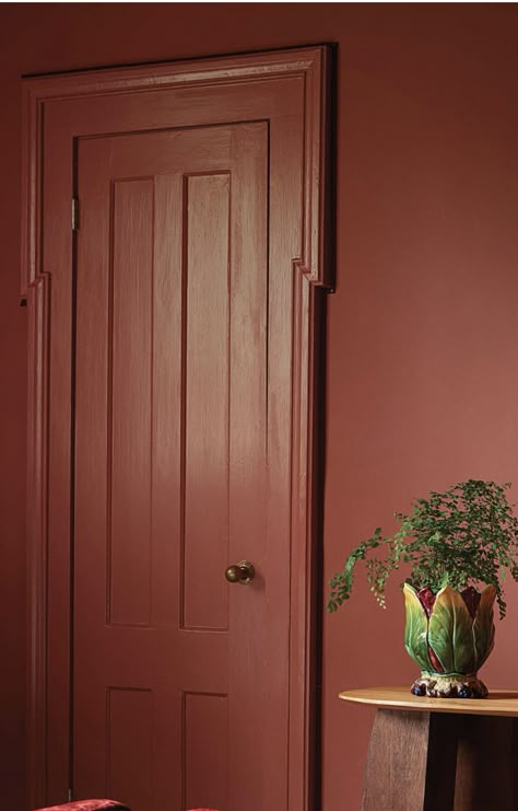 Mustard Wainscoting, Deep Red Wall Paint, Red Wainscoting, Wall Colors With Wood Trim, Rust Walls, Orange Hallway, Red Wall Paint, Maroon Walls, Alaska House