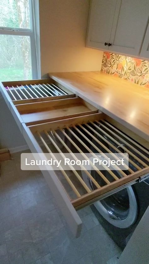 Small Laundry Room With Closet, Utility Drying Room, Laundry Room With Pull Out Drying Rack, Build In Drying Rack Laundry, Laundry Closet Drying Rack Ideas, Laundry Room Wall Drying Rack, Innovative Laundry Room Ideas, Laundry Center Ideas, Drying Racks Laundry Room