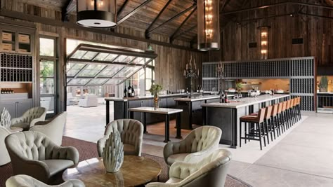 Wine Country Vacations: 7 Summer Getaways | Hollywood Reporter Ralph Lauren Lodge, Mila Kunis House, Modern Clubhouse, Barn Venue Ideas, Distillery Tasting Room, Vacation Destinations Couples, Brewery Building, Restoration Hardware Dining Room, Wooden Chalet