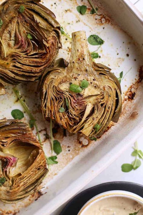 Artichoke Recipe, Steam Artichoke, Roasted Artichokes, Roasted Artichoke, Artichoke Recipes, Vegan Side Dishes, Vegan Sides, Side Recipes, Aioli