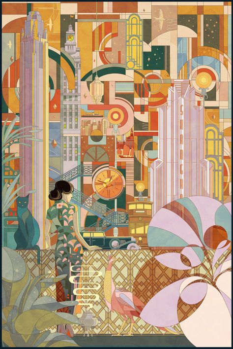 Art Déco Shanghai Illustration by Shan Jiang Art Deco Illustrations, Chinese Illustration, Motif Art Deco, Art Deco Illustration, Apple Art, Mural Design, Art Deco Era, Theme Design, Chinese Art