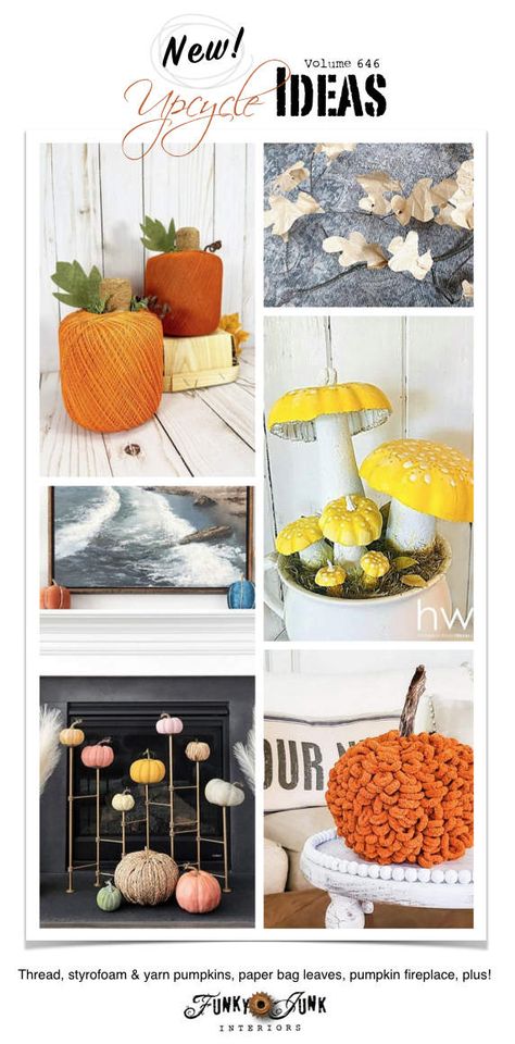 Paper Bag Leaves, Pumpkin Fireplace, Yarn Pumpkins, Repurposed Projects, Faux Fireplace Mantels, Decor Pumpkins, Pumpkin Stands, Fall Fireplace, Pumpkin Display