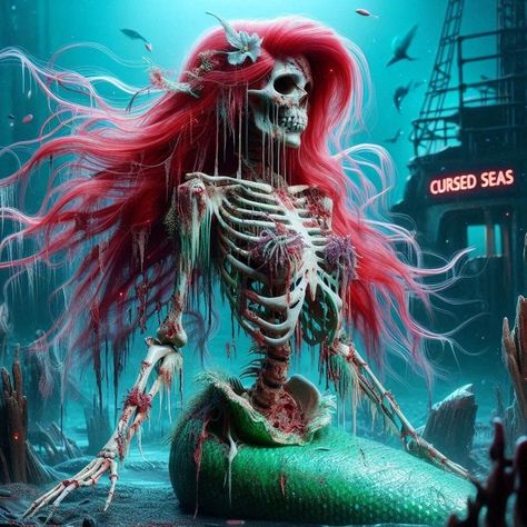 Zombie Ariel, Goth Ariel, Sugar Skull Art Painting, Gothic Disney Princesses, Disney Gone Bad, Spooky Collage, Twisted Disney Princesses, Dark Disney Princess, Evil Mermaids