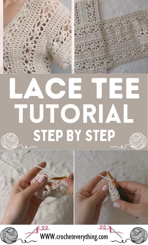 Crochet Lace Tee Step By Step Tutorial How To Crochet Lace, Lacy Crochet Stitches, Lanyard Tutorial, Sweater Tutorial, Lacy Crochet, Bralette Pattern, Diy Crochet Bag, Easy Crochet Stitches, Easy Crochet Patterns Free