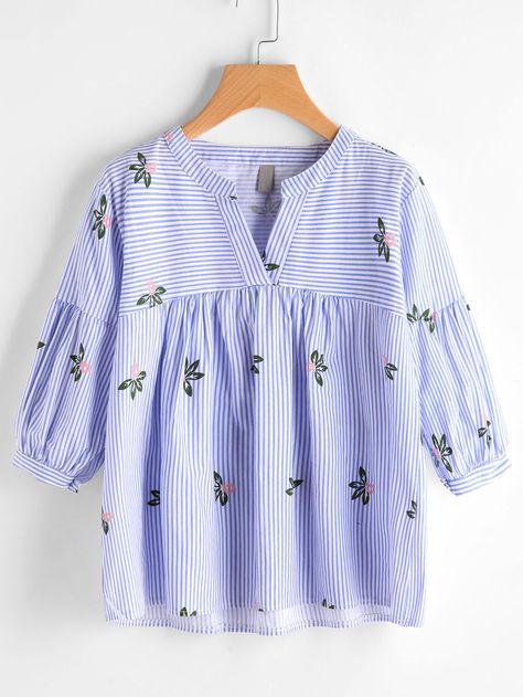 Shop V Neckline Floral Print Striped Smock Blouse online. SheIn offers V Neckline Floral Print Striped Smock Blouse & more to fit your fashionable needs. Smock Blouse, Fashion Tops Blouse, Trendy Fashion Tops, Embroidery Fashion, Floral Print Blouses, Blouse Online, Fashion Design Clothes, V Neckline, Mode Inspiration