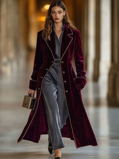 Velvet – Page 6 – OYROSY Velvet Coat Outfit, Velvet Fabric Dress, Velvet Coat Women, Velvet Trench Coat, Red Velvet Jacket, Business Looks, Velvet Kimono, Woman Suit, Slim Aarons