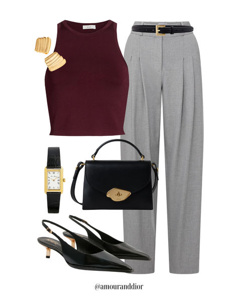 Gray trousers and a burgundy top for a chic office look ❤️ Workwear, office outfit, fall outfit, burgundy top, gray trousers Grey Top Work Outfit, Burgundy Tank Top Outfit Fall, Burgundy Sweater Outfit Work, Burgundy Shirt Outfit Women Work, Burgundy Top Outfit Work, Burgundy Trouser Outfit Women, Gray Pants Outfit Winter, Burgundy Work Pants Outfit, Gray Trousers Outfit Women Work