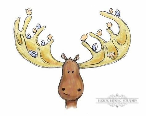 Horse Table, Woodland Illustration, Children's Art, S Art, 8x10 Print, Brick House, Antlers, Moose, Wall Art