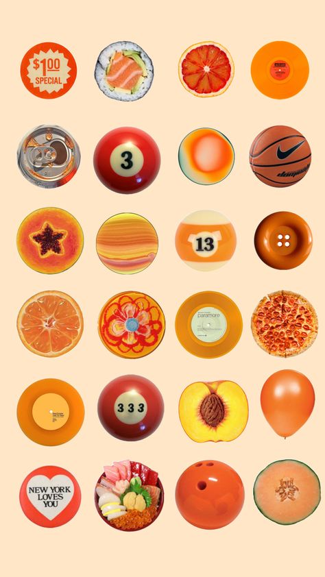 Angel number 333 13 orange record fruit cantaloupe papaya pizza basketball sushi aesthetic roundwallpaper screensaver capture d'ecran iphone Angel Number 333, Sushi Aesthetic, Number 333, Circle Collage, Orange Highlights, Orange Icons:), Fruit Icons, Circle Painting, Collage Board