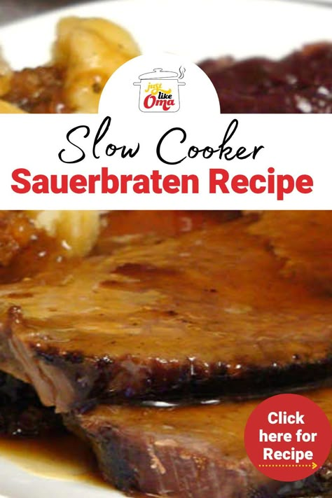 Sauerbraten Recipe Slow Cooker, Beef With Gravy, German Sauerbraten Recipe, Saurbraten Recipe, Sauerbraten Recipe, German Meat, Easy German Recipes, German Food Authentic, Recipe Slow Cooker