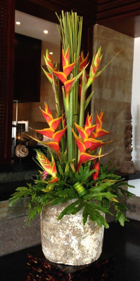 Heliconias, The Legian Hotel, Bali - My Own Photograph Hotel Bali, Tropical Floral Arrangements, Tropical Flower Arrangements, Hotel Flowers, Vase With Flowers, Zone 10, Large Flower Arrangements, Corporate Flowers, Flower Arrangement Designs