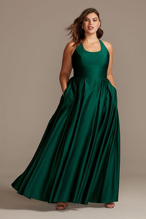 Satin Racerback Plus Size Ball Gown with Cutout | David's Bridal Dinosaur Wedding, Plus Size Ball Gown, Gown Silhouette, Dinner Gowns, Cutout Style, Prom Dresses With Pockets, Long Cocktail Dress, Plus Size Gowns, Gown Plus Size