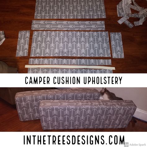 Details on how I upholstered our camper dinette back and seat with outdoor canvas and vinyl. With kids in and out of the travel trailer, easy to clean is my favorite option.  #cushions #sew #diy #campercushion #camper #zipper #fabric Tent Trailer Remodel, Camper Cushions, Popup Camper Remodel, Glamper Camper, Camper Trailer Remodel, Camper Hacks, Diy Camper Remodel, Travel Trailer Remodel, Tent Trailer