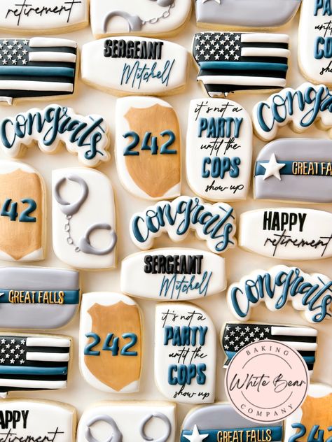 Police Retirement Cookies Decorated, Retirement Cookies Decorated, Retirement Cookies, Beer Cookies, Police Retirement, Anniversary Cookies, Retirement Ideas, Pop Tart, Happy Retirement