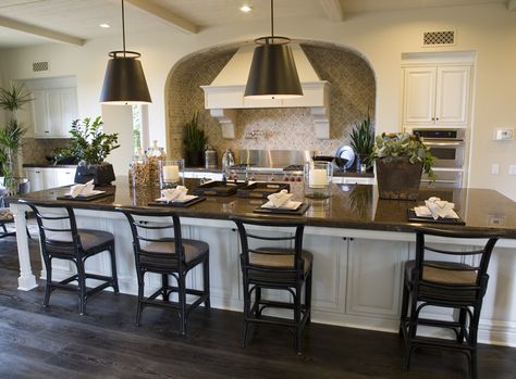 Large dine in kitchen island with black granite counter top - columns on island & cabinets facing chairs Kitchen Island With Cooktop, Gourmet Kitchen Design, Kitchen Island With Stove, Kitchen Layouts With Island, Kitchen Island With Sink, Custom Kitchen Island, Custom Kitchens Design, White Kitchen Island, Large Kitchen Island