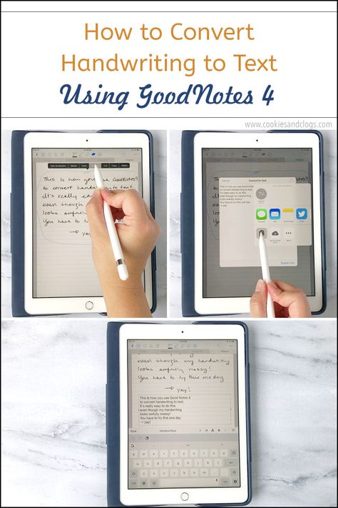 Cookies & Clogs | Technology | If use an iPad Pro and an Apple Pencil to take notes, you will need this easy tutorial. Find out how to convert handwriting to text using the GoodNotes 4 app. Includes video. Good Notes Tutorial, Apple Pencil Hacks, Goodnotes Handwriting, Goodnotes Tutorial, Goodnotes Tips, Ipad Pro Tips, Ipad Pro Apps, Ipad Mini Wallpaper, Apple Notes