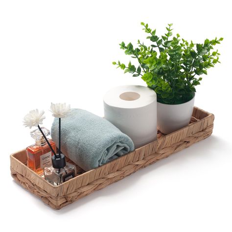 PRICES MAY VARY. The bathroom vanity tray is woven by natural water hyacinth and firmed by metal frame, long narrow design with flat back for organize. Large Tray Size: 16.3 x 6.1 x 2 inch/41.5 x 15.5 x 5cm(L x W x H); Pacakge include 1pc tray. The tray desgined with farmhouse and rustic style, perfect match with most bathroom, tabletop and countertop décor; effectively organizer for bathroom or back of toilet stuffs, such as: tissues, toilet paper rolls, hand towels, candles, toiletries, wet wi Water Closet Toilet Paper Storage, Decorate Bathroom Vanity, Top Of Toilet Decor Ideas, Back Of Toilet Basket, Back Of Toilet Decor Ideas, Greenery Bathroom Decor, Toilet Styling, Bathroom Organizer Ideas, Toilet Basket