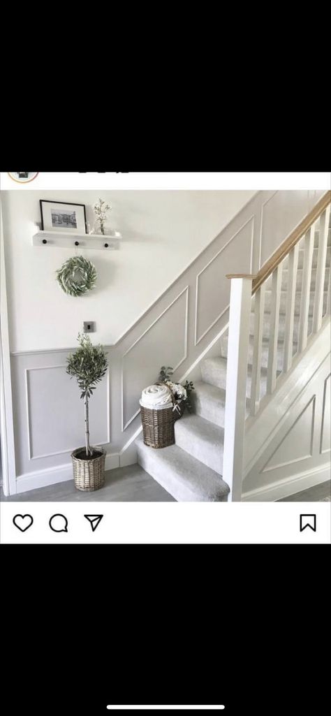 Grey And White Panelling, Wall Panelling Staircase, Grey And White Staircase, Panelling Stairs, Grey Staircase, Staircase Photo Wall, Stair Panelling, Stair Wall Ideas, Hallway Wall Colors