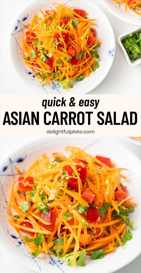 a plate of Asian carrot salad. Shredded Carrot Recipe, Vietnamese Vegetarian, Easy Asian Dinner, Slow Carb Recipes, Salad Asian, Potluck Side Dishes, Asian Side Dishes, Asian Dinner, Asian Dinners