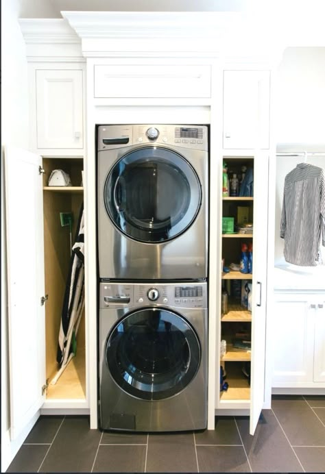 #laundryroom #laundryroomdesign #organization Laundry Pantry Combo, Laundry Pantry Combo Ideas, Washer Dryer Laundry Room, Room Makeover On A Budget, Narrow Laundry Room, Organization Laundry, Stacked Laundry Room, Laundry Nook, Laundry Room Ideas Small Space