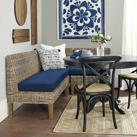 Tiny Banquette, Kitchen Dinette Ideas, Small Dining Nook Ideas Cozy, L Shaped Built In Dining Bench, Wicker Banquette Seating, Settee In Kitchen, Corner Nook Ideas Kitchen, Banquette Seating In Kitchen Corner, Small Dining Nook Ideas