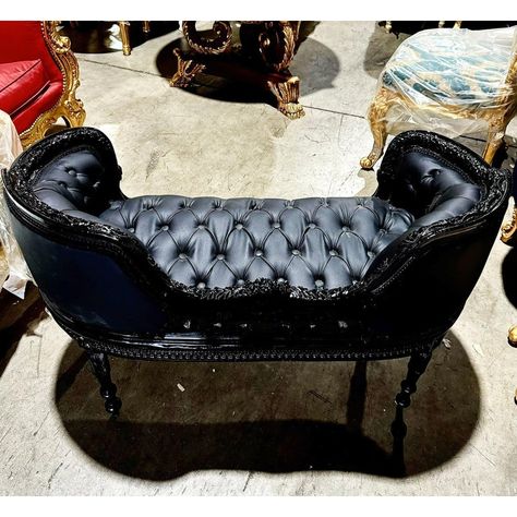 If you love the color black, you will love this piece. Beautiful bench made with black leather. It has details throughout the entire piece. Beautiful black small bench. Can also be used as a vanity, in-front of a bed or piano chair. Stunning details. This is truly an accent piece. Elegance and comfort assured.   Dimension: 27.5”H x 43”W x 21”D. Floor to seat 19”. Glam House Decor, Piano Chair, Comfy Room, Glam House, Awesome Furniture, Purple Gothic, The Color Black, Goth Glam, Gothic Furniture