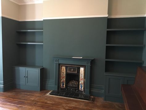 Cabinets And Floating Shelves, Gray Room Ideas, Green Living Room Color Scheme, Victorian Lounge, Color In Interior Design, Alcove Ideas Living Room, Living Room Cupboards, Alcove Cabinets, Blue Walls Living Room