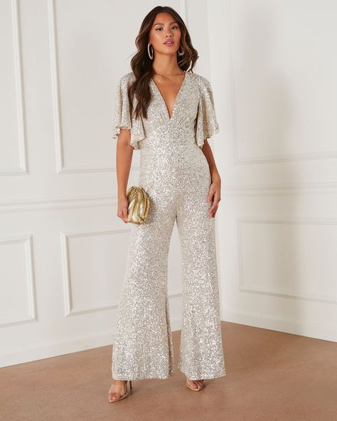 Silver % Trophy Wife Sequin Jumpsuit-1 Vegas Wedding Jumpsuit, Sparkly Wedding Jumpsuit, Disco Gala Outfit, Silver Themed Party Outfit, White Sparkle Jumpsuit, Festive Formal Attire, Disco Diva Outfit, Wedding Jumpsuit Plus Size, 50th Birthday Outfits For Women Classy