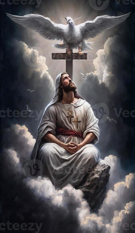 illustration of Jesus praying surrounded by doves on a cloud, generative ai Pics Of Heaven, God Jesus Image, Jesus Praying Picture, Dove Picture, Powerful Jesus Images, Picture Of God, Passion Of The Christ Pictures Jesus, Jesus Photos, Passion Of Christ Images