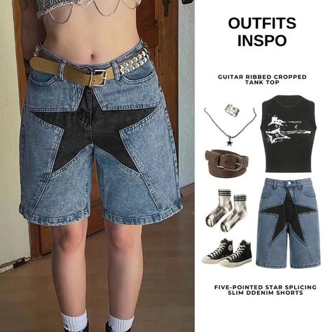 star girl outfit inspo ★ 🔎🔎🔎 FIVE-POINTED STAR SPLICING SLIM DDENIM SHORTS GUITAR RIBBED CROPPED TANK TOP #anotherchill #staraesthetic #stargirl #aesthetic #shorts #springfashion #springoutfits #outfitinspo #outfitideas #ootd #fyp #vintage #vintageoutfit Star Jorts Shorts Outfit, Summer Star Shaped Graphic Tee, Summer Grunge Star Print Top, Y2k Short Sleeve Star Print Tops, Star Girl Outfit, Summer Denim Shorts With Star Print, Summer Star-shaped Graphic Tee, Stargirl Aesthetic, Star Shorts