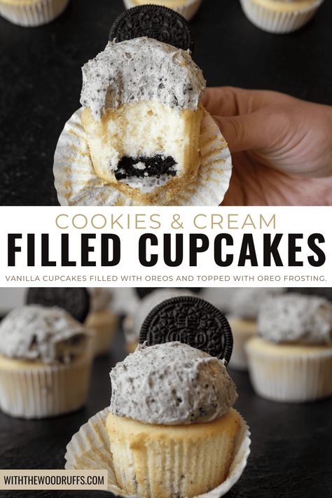 A vanilla cupcakes with a surprise Oreo baked into the bottom. Topped with cookies and cream buttercream, these cupcakes are an Oreo lovers dream. Click here for the full recipe details! Oreo Bottom Cupcakes, Cookies And Cream Buttercream, Fluffy Vanilla Cupcakes, Oreo Cupcake Recipe, Cookies And Cream Cupcakes, Cream Filled Cupcakes, Oreo Cupcake, Cookie And Cream Cupcakes, Oreo Frosting