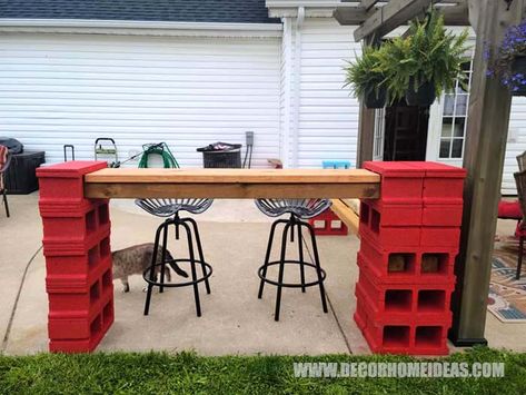 Diy Cinder Blocks Bar 4 Outdoor Bar Cinder Block, Cinder Block Bar Outdoor Diy, Cinder Block Bar Outdoor, Diy Cinder Block Bar, Cinderblock Bar, Cinder Block Bar, Cinder Block Furniture, Cinder Block Bench, Diy Outdoor Bar