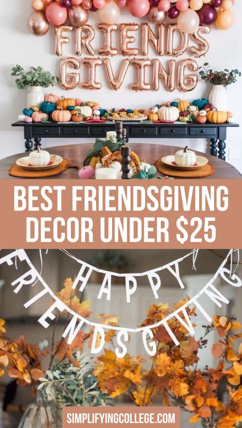 The best budget-friendly Friendsgiving decorations for your Friendsgiving party this year! #friendsgiving Friendsgiving Dessert Table, Friendsgiving Decorations Table, Friends Giving Decoration Ideas, Easy Friendsgiving Table Decor, Cheap Friendsgiving Decorations, Friendsgiving Decorations Diy, Friendsgiving Photo Backdrop, Large Friendsgiving, Friendsgiving Ideas Decorations Diy