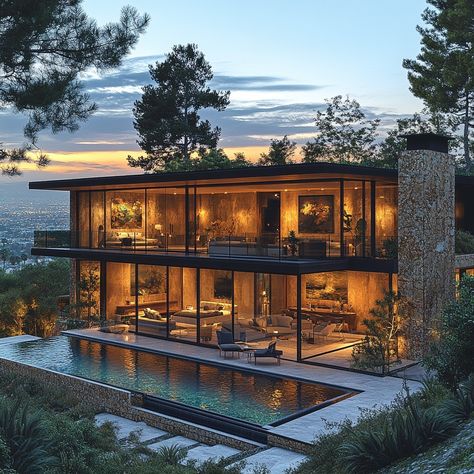 Immerse yourself in the elegance of a Mid-Century Modern Glass House in the Hollywood Hills, 7,000 sqft. Vibrant color grading at dusk captures the house's texture against the LA backdrop. Let this AI masterpiece inspire your mid-century modern architectural dreams and design aspirations. Can you feel the city buzz or the pool's tranquility? Share your impressions! 🌆🏡 #DreamHomeInspiration #LuxuryInteriors #MidCenturyModern #HollywoodHills #LuxuryLiving #LuxuryDesign #LuxuryLifestyle #HomeGoals #InspiringHomes #LuxuryTravel #GlassHouseLuxury Villa In Los Angeles, Luxury Los Angeles House, Los Angeles Modern Mansion, Los Angeles House Beverly Hills, Mansion Beverly Hills Luxury, Hollywood Mansion, Modern Glass House, Build Inspiration, Modern Mansion