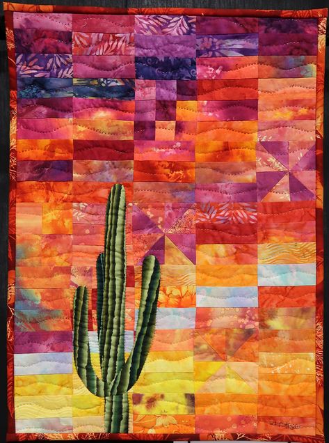 Desert Landscape Quilts Ideas, Cactus Quilt Pattern Free, Desert Quilt Patterns, Laura Heine Collage Quilts, Desert Quilt, Cactus Collage, Cactus Quilt, Decorated Jeans, Quilted Postcards