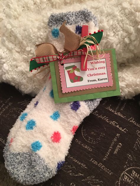 Sock Exchange Sock Ideas Gift, Teacher Socks Christmas Gifts, Ways To Wrap Socks For Christmas, Sock Christmas Gift Ideas, Christmas Sock Exchange Ideas, Sock Exchange Ideas Christmas, How To Wrap Socks As A Gift, Cozy Socks Gift Ideas, Socks Christmas Gift Ideas