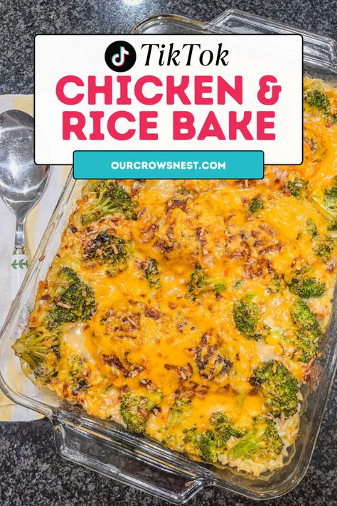 This TikTok Chicken and Rice recipe is so delicious and easy that you’ll want to make this for your family every week!  Juicy chicken breasts, and flavorful rice, topped with an onion seasoning and shredded cheese is the perfect and easiest dinner for weeknights.  Everything is mixed in one baking dish and baked in the oven.  
#tiktok #tiktokrecipe Tiktok Chicken And Rice, Rotisserie Chicken And Rice Recipes, Chicken And Rice Recipes Easy, Creamy Chicken And Rice Casserole, Tiktok Chicken, Chicken And Rice Recipes, Chicken And Rice Casserole Recipe, Chicken Rice Bake, Flavorful Rice