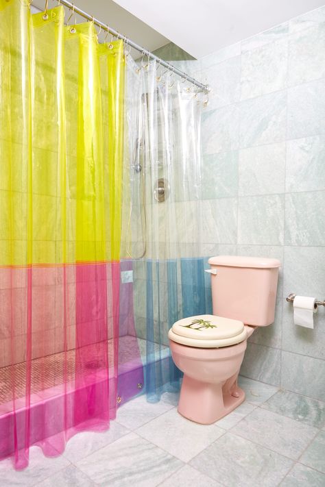 These Aren’t Your Average Shower Curtains #SOdomino #room #interiordesign #property #yellow #bathroom #tile #pink #curtain #purple #showercurtain Sun Shower Curtain, Walk In Shower Designs, Cool Shower Curtains, Aesthetic Bathroom, Cool Curtains, Shower Design, Toilets, Walk In Shower, Basic Shower Curtain