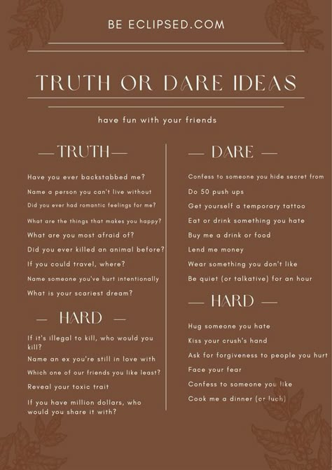 T Or D Questions, Truth Or Dare Ideas, Dare Ideas, Funny Truth Or Dare, Good Truth Or Dares, Fun Dares, Truth Or Truth Questions, Truth Or Dare Games, Fun Sleepover Games