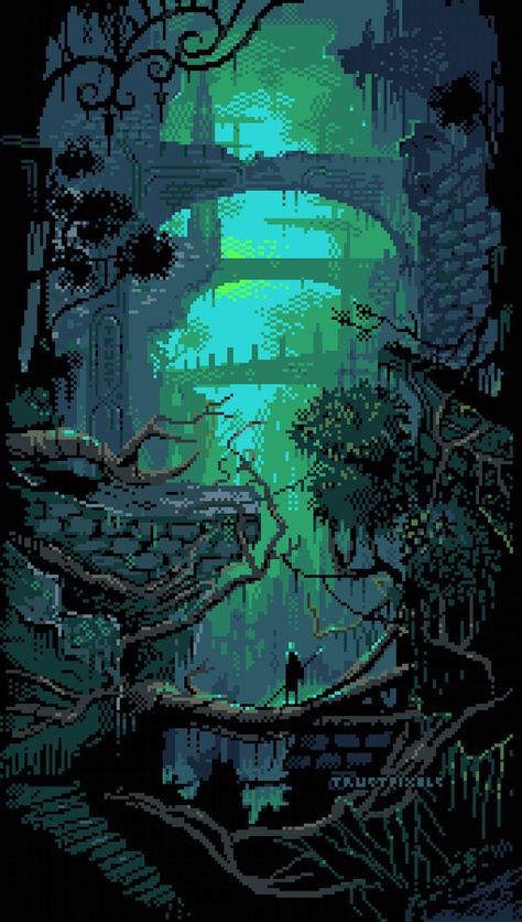 "From here to the horizon, all I could see were the remains of the old kingdom" Pixel art scene with an explorer standing in overgrown ruins Pixel Art Fantasy Landscape, Fantasy Pixel Art, Pixel Art Wallpaper, Pixel Art Landscape, 8 Bit Art, Pixel Art Background, Arte 8 Bits, 8bit Art, Cool Pixel Art