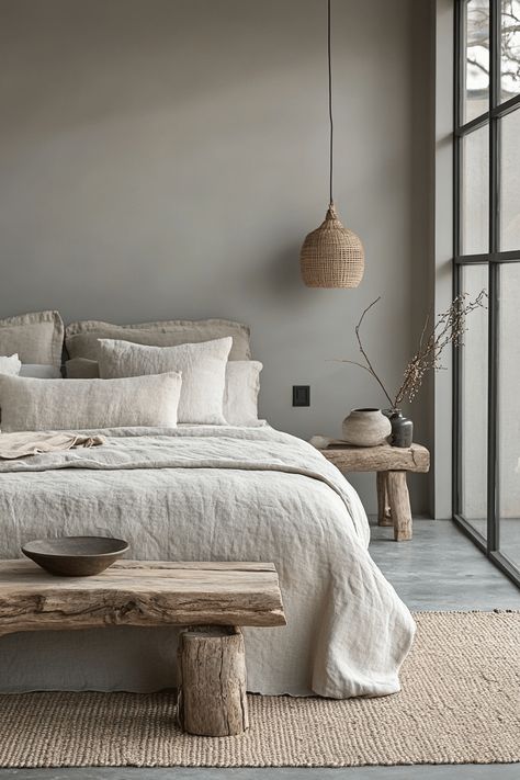 29 Grey and Black Bedroom Designs for a Bold Look Calm Apartment, Small Airbnb Ideas, Wabi Sabi Bedroom Design, Pink Boho Bedroom, Small Airbnb, Industrial Bedrooms, Cozy Bedroom Neutral, Bedrooms Vintage, Bamboo Bed Frame