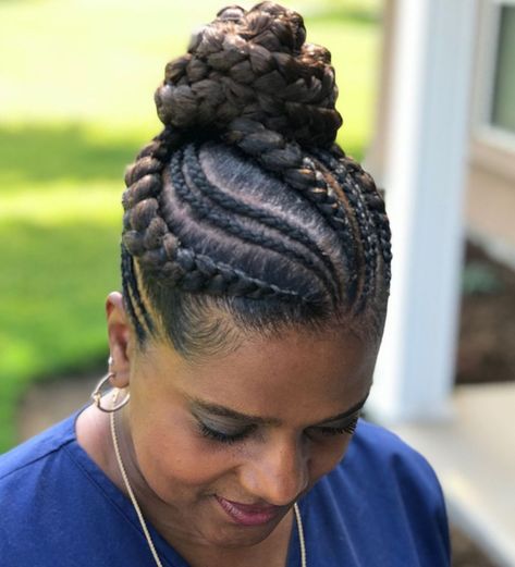 Different Sized Goddess Braids in a Bun Goddesses Braids, Cornrow Updo, Goddess Braids Updo, Cornrows Updo, Goddess Braid Styles, Updos Hair, Fav Hairstyles, Feed Ins, Braids Summer