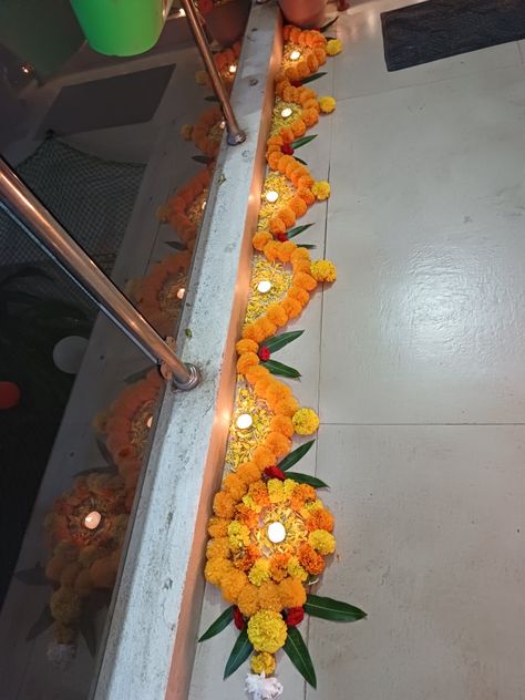 Rangoli From Flowers And Leaves, House With Flowers, Diwali Home Decor, Mango Leaves, Marigold Flowers, Marigold Flower, Leaf Decor, Diwali Decorations, Glue Gun