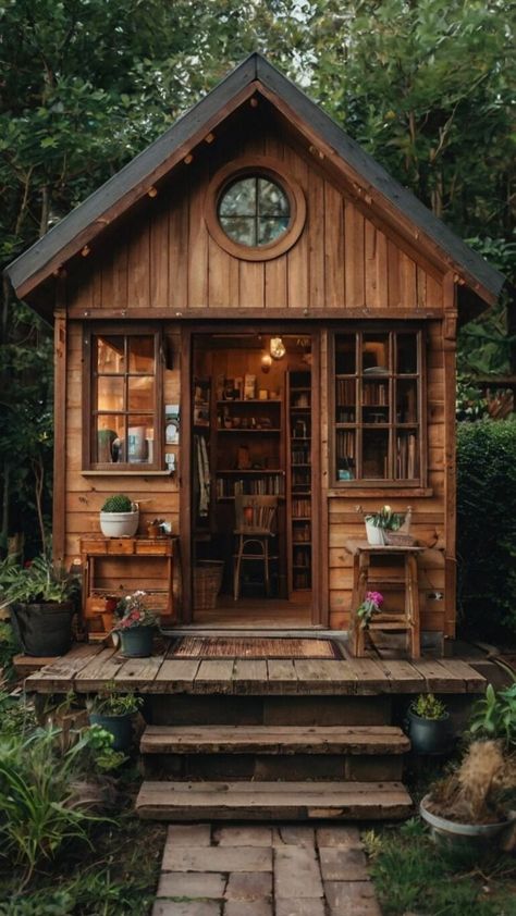 Rustic Shed House, Rustic Sheds Ideas Backyards, House Shed Ideas, Book Shed, Rustic She Shed, Cabin Design Ideas, Treehouse Interior, Gardening Shed, Yard Office