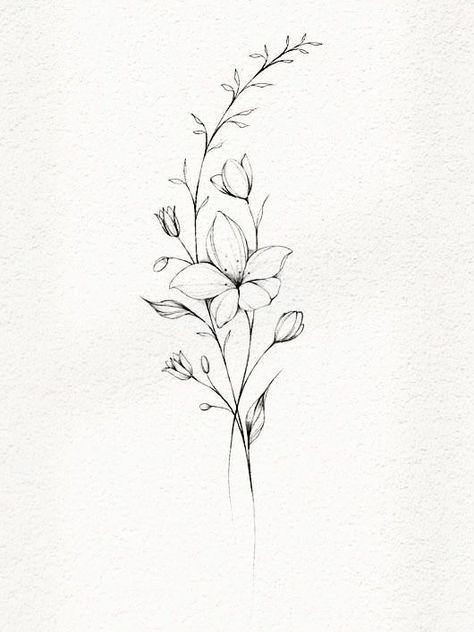 Small Stem Tattoo, Floral Tatoos Woman Back, Delicate Flowers Drawing, Floral Tattoo Minimalist, Elegant Floral Tattoo, Small Boho Tattoo Ideas, Minimalist Flowers Tattoo, Flowy Flower Tattoo, Curved Flower Tattoo