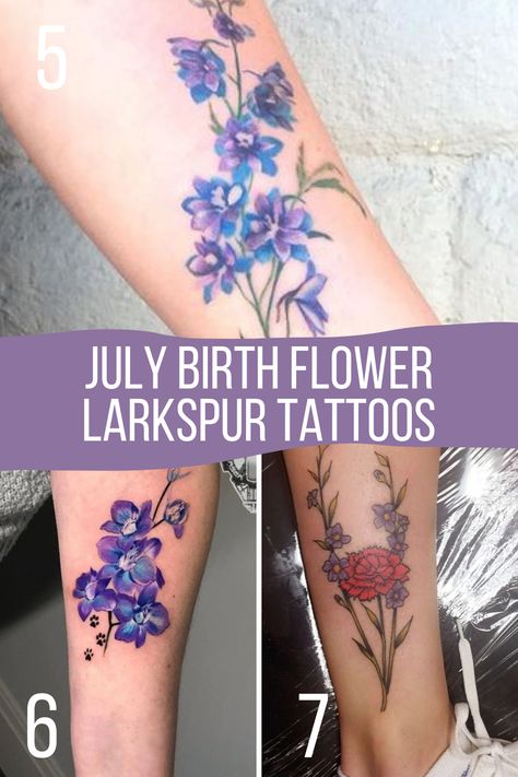 July Birth Flower Tattoos {The Larkspur} - TattooGlee Flower For July Birth Tattoo, Larkspur Flower Tattoo With Name, July Flowers Tattoo, Larkspur Bouquet Tattoo, July Birthday Flower Tattoo, Birth Flower Tattoos Ideas Families Sleeve, July Birth Flower Tattoo With Name, July Tattoo Ideas Birth Month, July Birth Flower Tattoo Larkspur Water Lilies